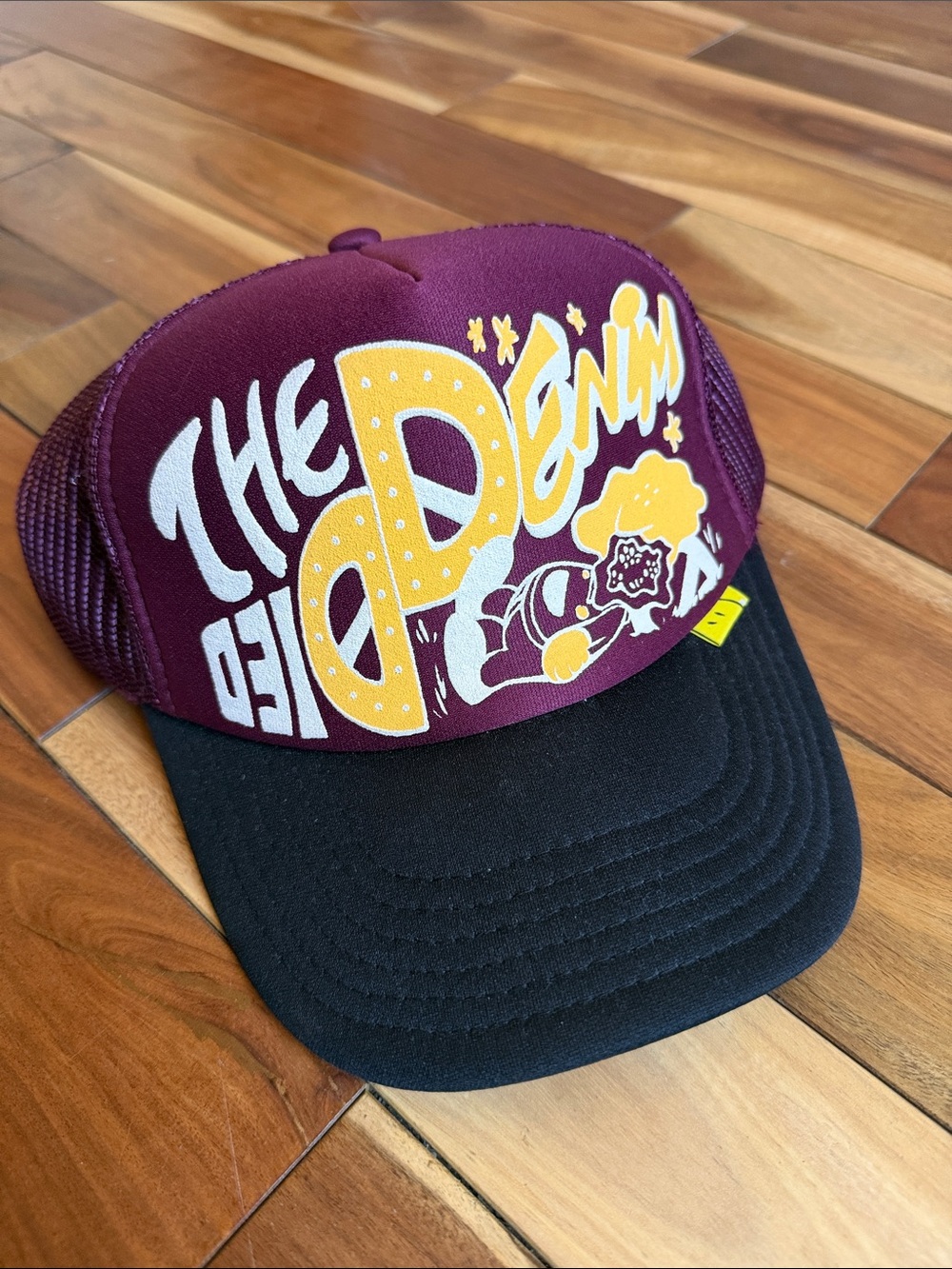Kapital Burgundy and Black Trucker Hat with Yellow Graphic